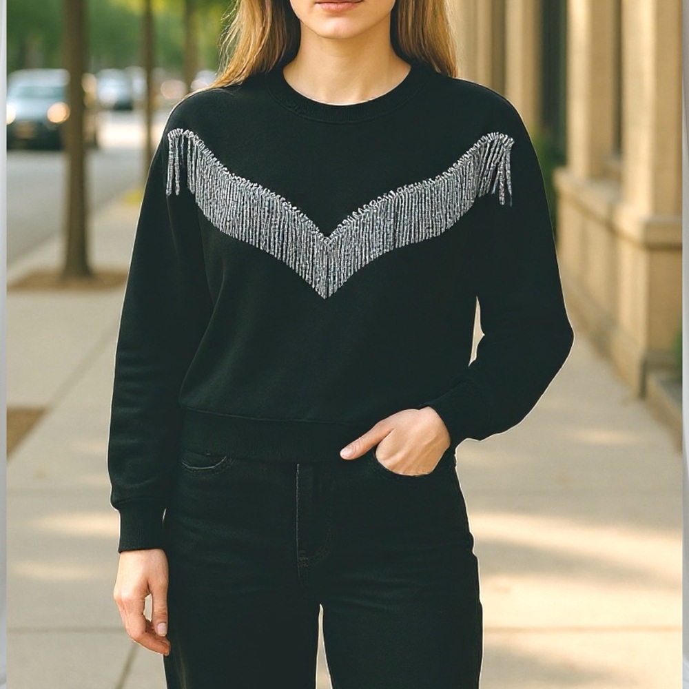 AllSaints Black Sweatshirt with Silver Beaded Tassel Fringe